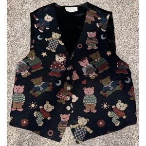 Vintage 90s Casey & Max Teddy Bear Tapestry Vest Women's Black Button Front
